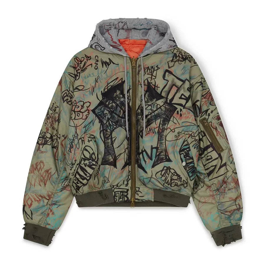 Mowalola hand drawn graffiti number 6, destroyed hooded jacket Bomber jacket Opium YVL