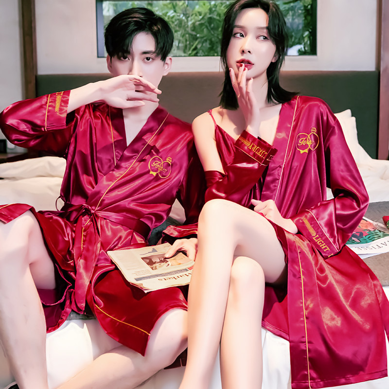 2 Sets of Prices for Couples Pajamas Spring and Summer Long-Sleeved Ice Silk Men's Plus Size Suits Women's Sexy Bathrobes Korean Style Casual Home Clothes