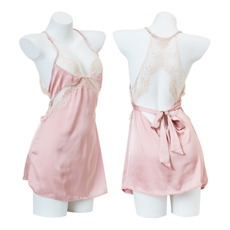 Yingyan Sexy Pajamas Women's Thin Ice Silk Sling Nightgown Lace Temptation Hollow Attractive 315 Dress