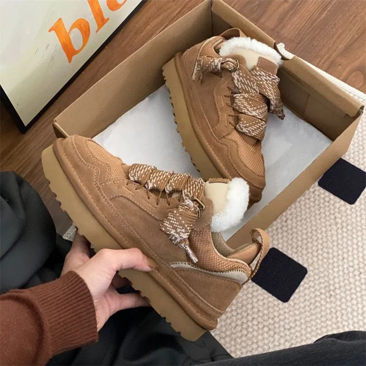 High-Quality Fur Integrated Snow Boots with Laces, Non-Slip, Fleece-Lined, Thickened, Warm, Casual, Versatile Snow Boots