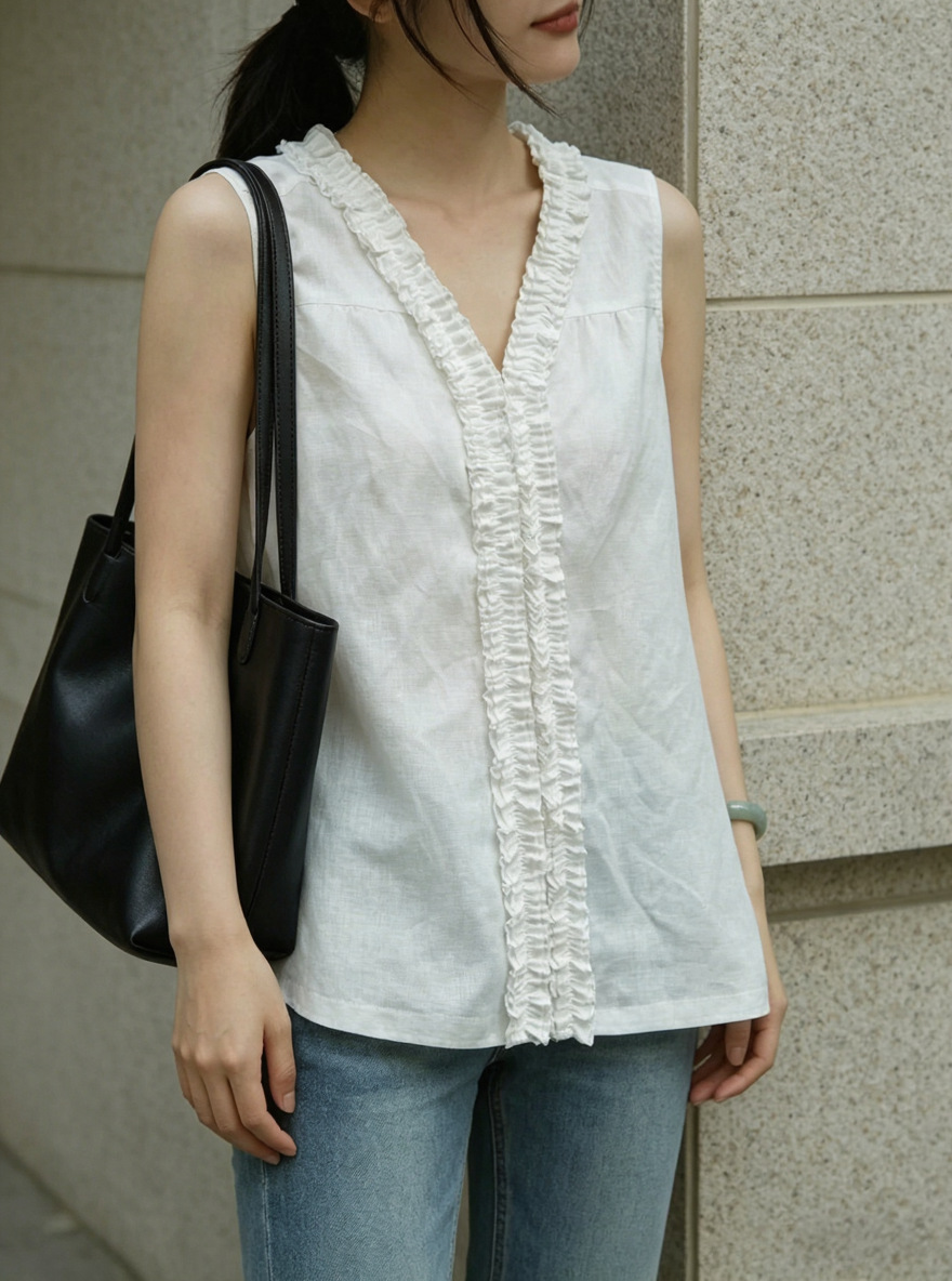 Reversible Minimalist Summer French-Style Pleated Ruffle V-Neck Linen Sleeveless Elegant Minimalist Petal Collar Top