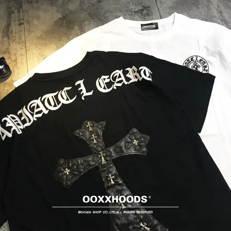 Fashion Ins Trending on TikTok Xiaohongshu Best Selling PU Leather Large Cross Embroider Gothic Word Three-Dimensional Short Sleeve T-shirt