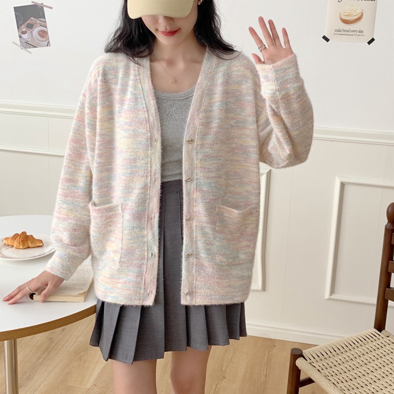 2024 Spring and Autumn New Korean Style Western Style Gentle Rainbow Color Hair Loose V-neck Cardigan Knitted Sweater Coat for Women
