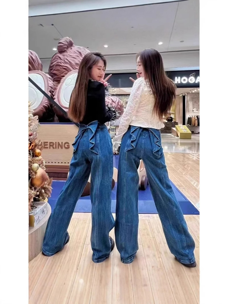 American Style Retro Bow Jeans Women's 2025 Spring and Autumn New Korean Style High Waist Loose Slimming Straight Pants