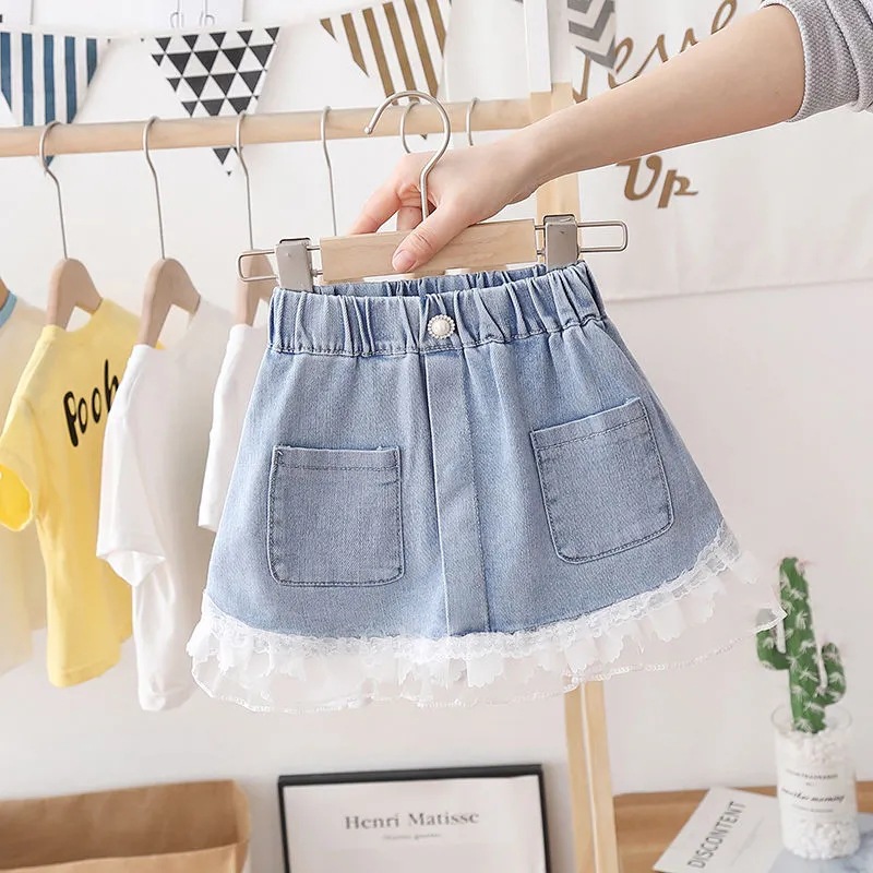 Girls' Summer Denim Skirt Baby Stylish Children's Fashionable Fashion Lace Mesh Stitching Cake Fishtail Skirt