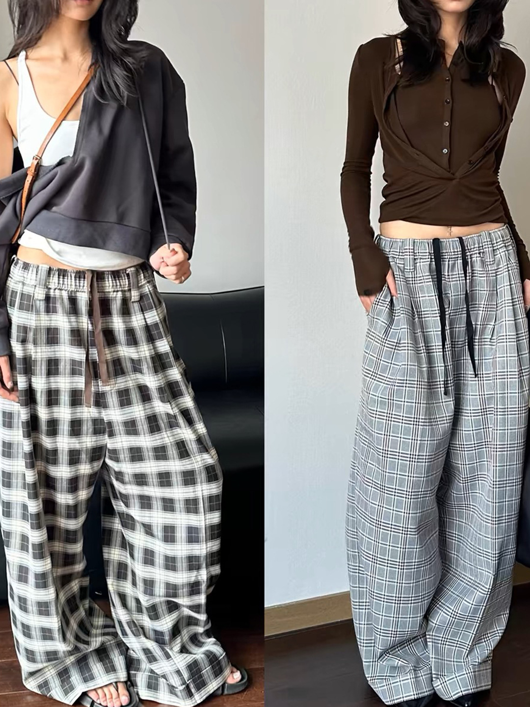 [Clearout No Returns or Exchanges] Original Fabric Matching Craft Profile Plaid Elastic Waist Wide Leg Pants for Women