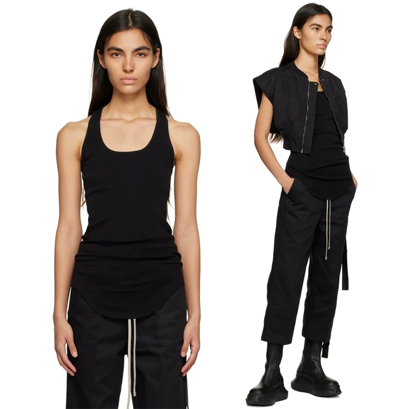 ONEOFYOU Black Hairy Curved Bottom Solid Color Tank Top RO Style U-shaped Neck Slim Bottom Sleeveless Women