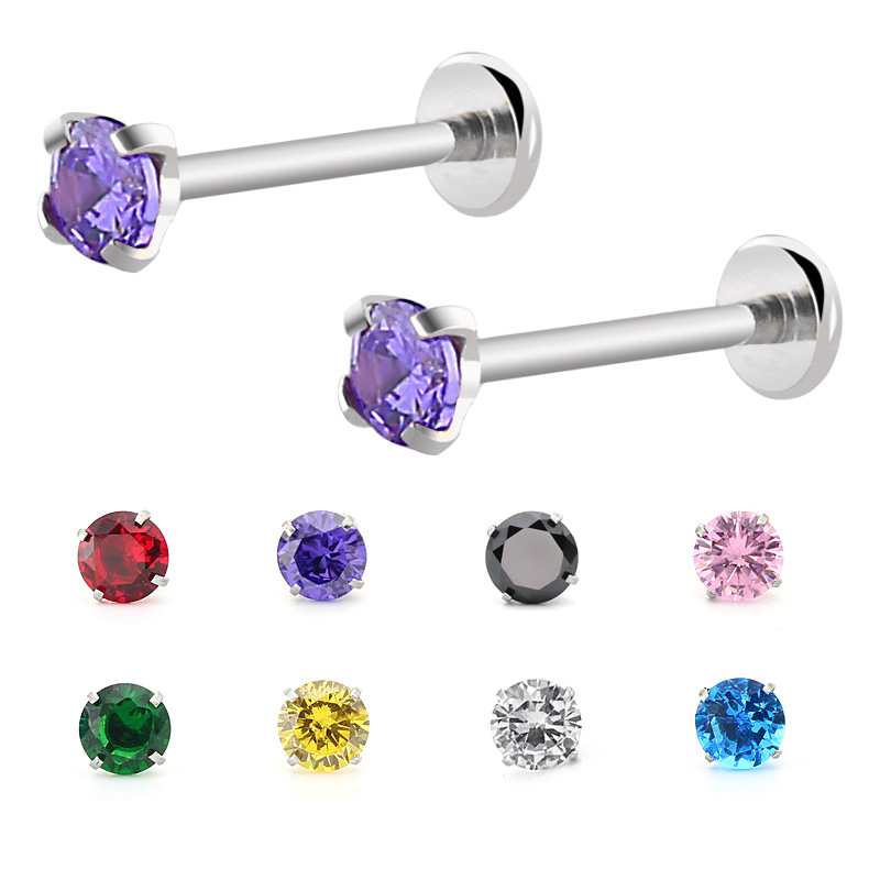 European and American fashion titanium steel round cake straight barbell four claw color zircon tongue nail lip nail ear bone nail titanium steel piercing jewelry
