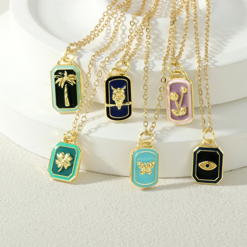 European and American Style Copper Enamel Oil-Drip Necklace, Palm Tree Owl Evil Eye Pendant Clavicle Chain, Personalized Trendy Necklace
