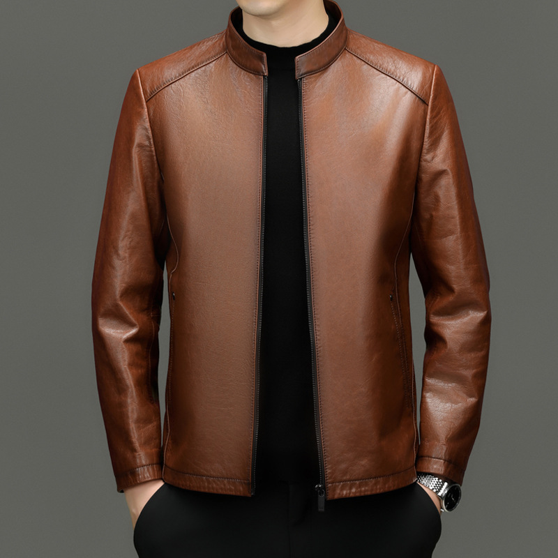 Haining Top Layer Oil Wax Cowhide Genuine Leather Clothing Men's Spring and Autumn New Vertical Collar Biker Clothing Leather Jacket Short Jacket