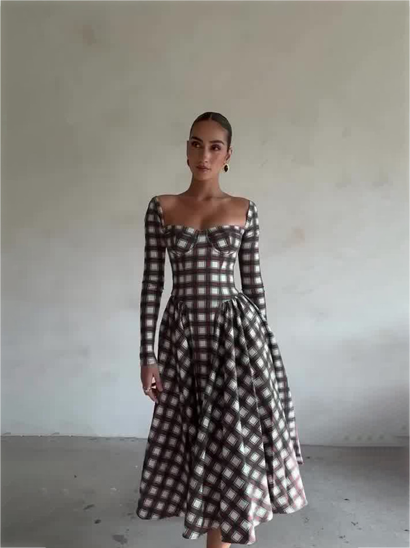 Cross-border Amazon 2023 European and American autumn New U-neck Plaid long sleeve slim belt retro dress women