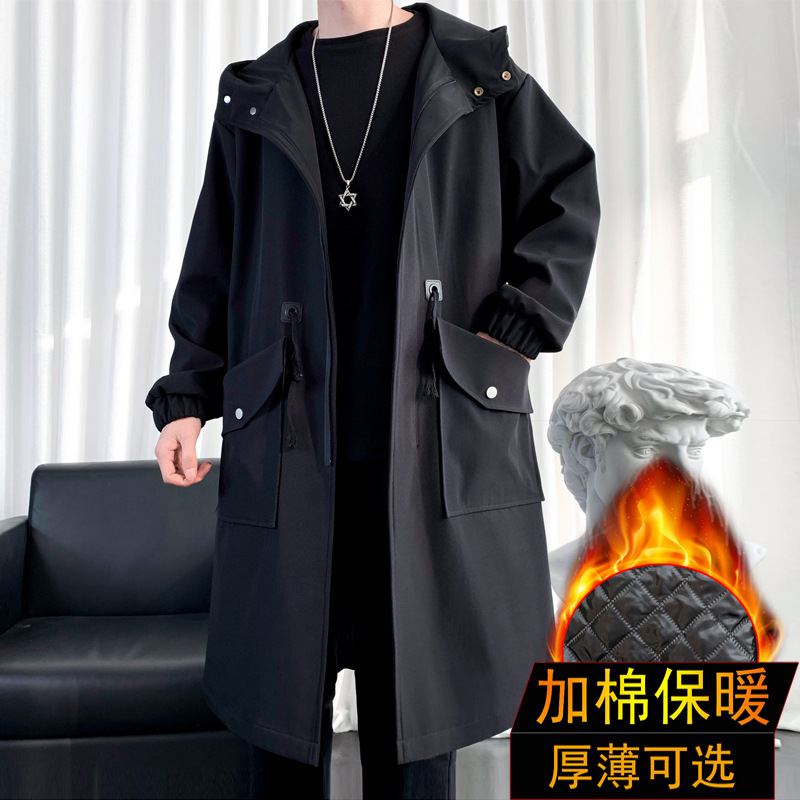 Cotton Windbreaker Men's Mid-Length Outwear Korean Style Trendyy Hooded Outwear 2023 Autumn and Winter Warm Thickeneded Outwear for Men