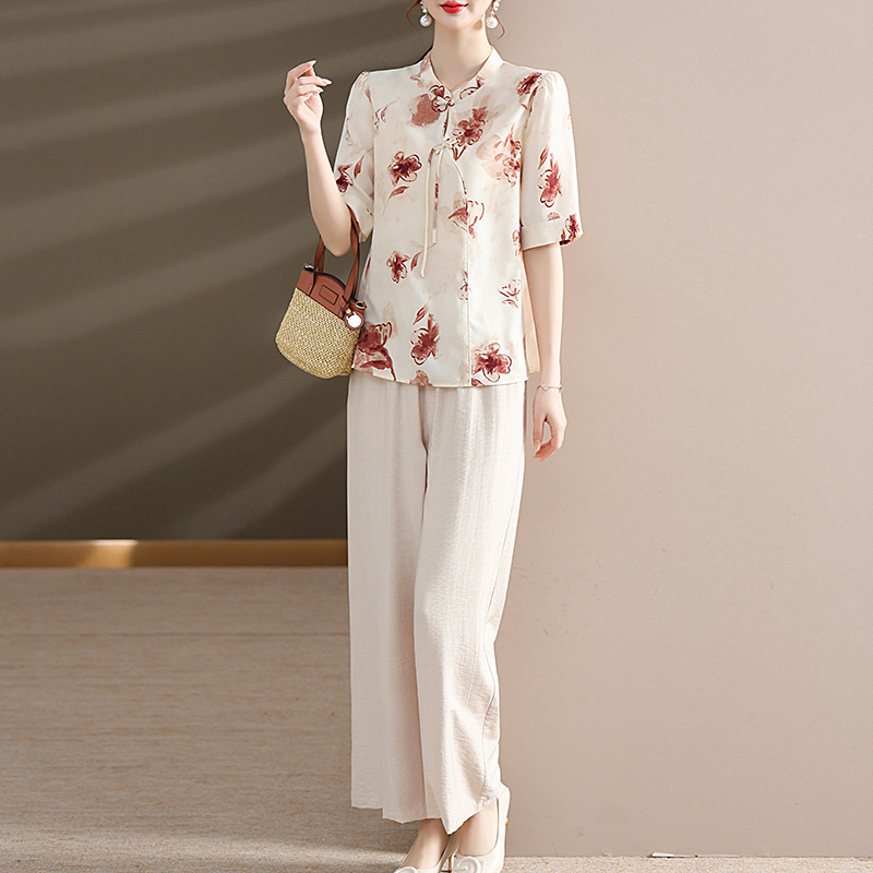 New Chinese-Style Middle-Aged and Elderly Women's Clothing Set: Shirt + Pants Two-Piece Summer New Fashion Slim-Fit Casual Outfit for Moms