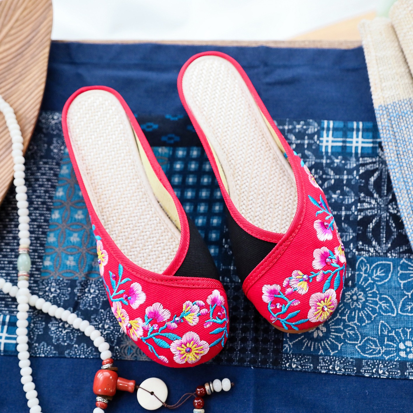 Slippers Summer Ethnic Style Contrast Color Hot Drilling Embroidery Bag Toe Round Head Outer Wear Sandals and Slippers Women's Shoes