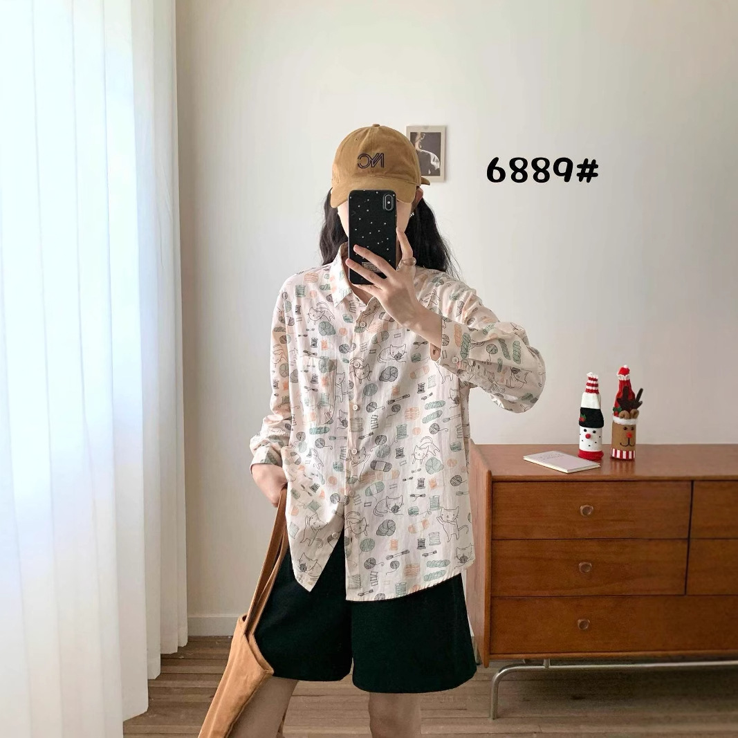 Fun Cat Print Lapel Long-sleeved Shirt Women's Spring New Korean-style Loose Casual Age-reducing Top