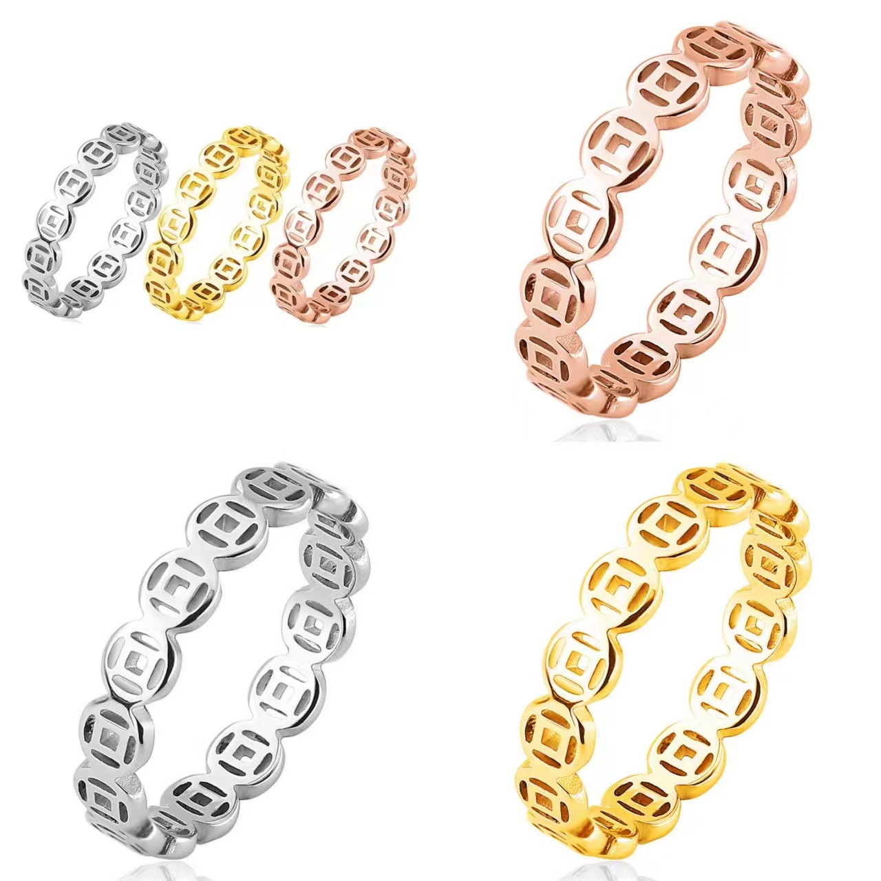 Vintage Copper Coin Ring Stainless Steel Fortune Ring Money Ring Titanium Steel 18K Gold Index Finger Ring for Men and Women Tail Ring Antique Ring