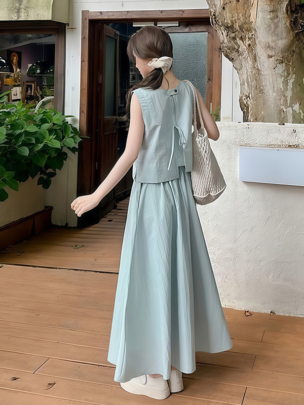 [Two-Piece Set] French Sleeveless Vest Shirt for Women + A-Line Mid-Length Skirt Lady Half Skirt Fashion Suit