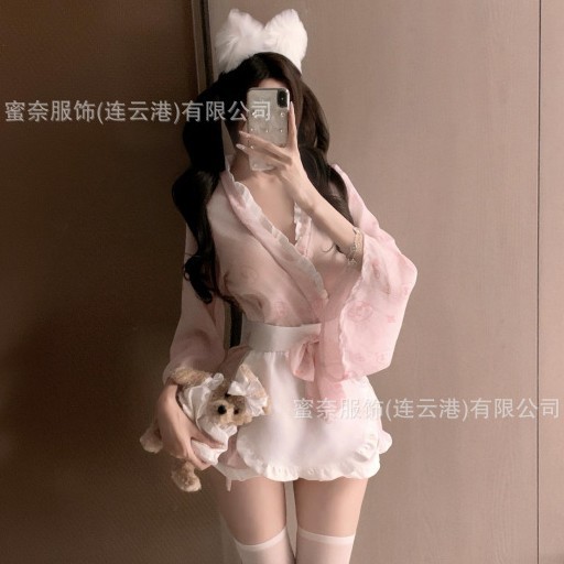 Sexy Lingerie Maid Uniform Japanese Cute Pure Desire Rabbit Print Bow Belt Nightgown