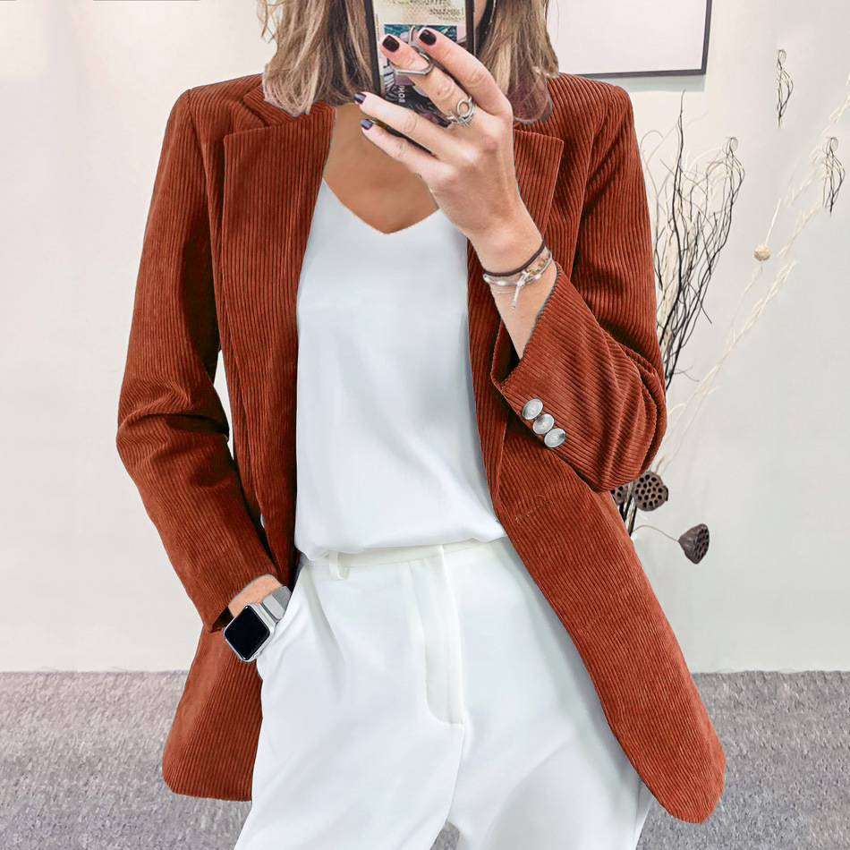 European and American Cross-Border 2024 Autumn and Winter New Corduroy Cardigan Elegant Slim Pure Color Casual Professional Small Suit Jacket