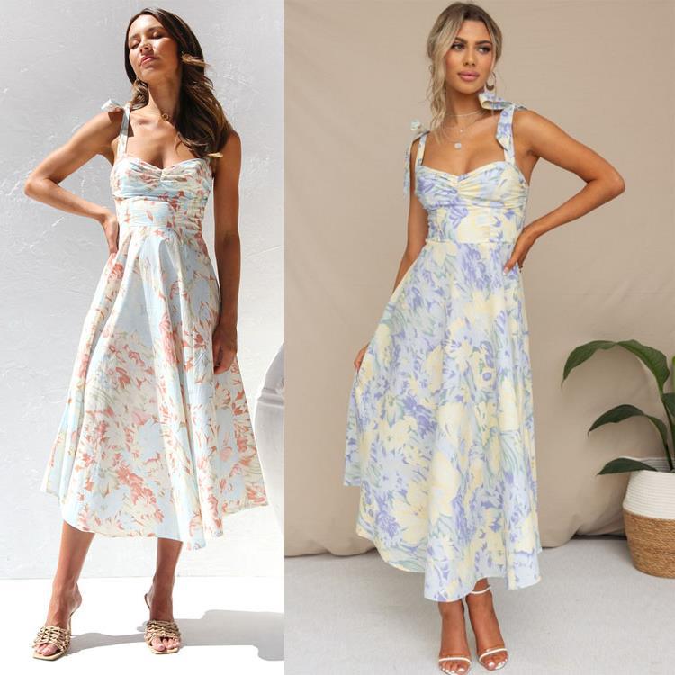 2026 Summer Cross-Border Amazon New Product Slim-Fit Waist-Cinching V-Neck Printed Mid-Length Dress for Women