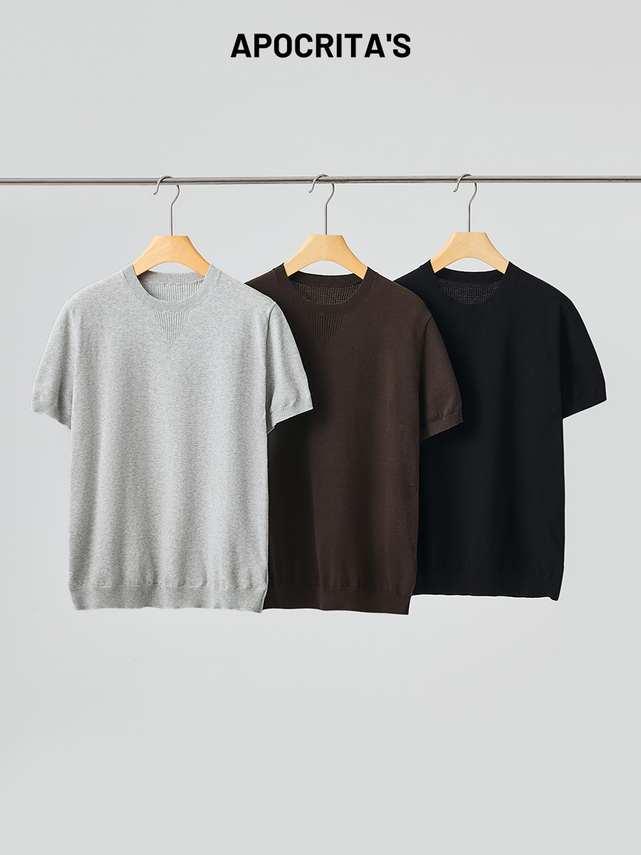 Apo Men's Clothing | Cross-Border Men's Knitted Short-Sleeved T-Shirt, Summer High-End Versatile Slim-Fit Round-Neck Elastic Inner Top
