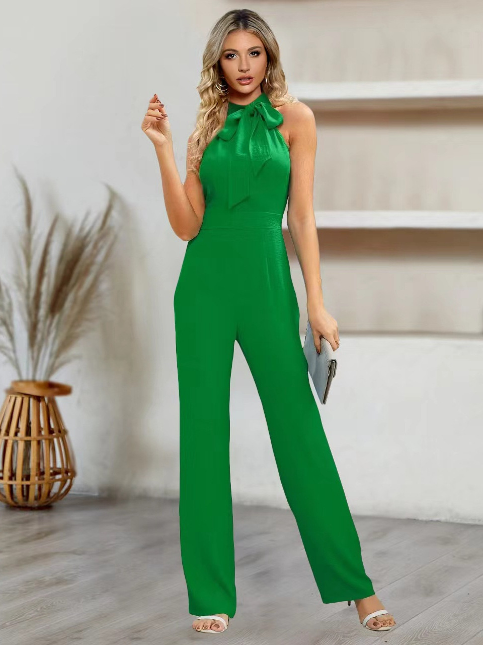 2024 Summer New Sexy Slim Elegant Jumpsuit Sleeveless Collar Bow Straight Long Pants Amazon