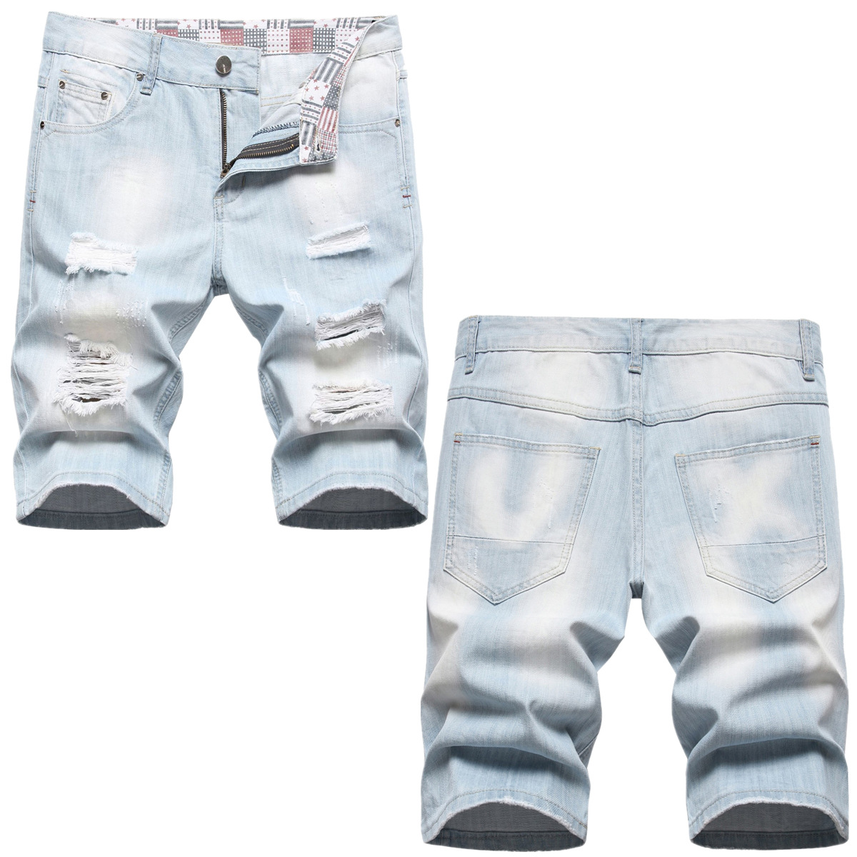 Summer Thin Denim Shorts Men's Ripped Mid-length Pants Korean Style Fashionable Loose Straight Printed Men's Half-length Pants Trendy Pants