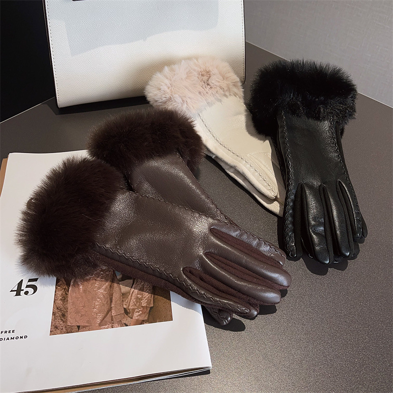 PU leather stitching suede gloves wholesale women's winter fleece-lined thickened Chanel style riding fashion warm gloves