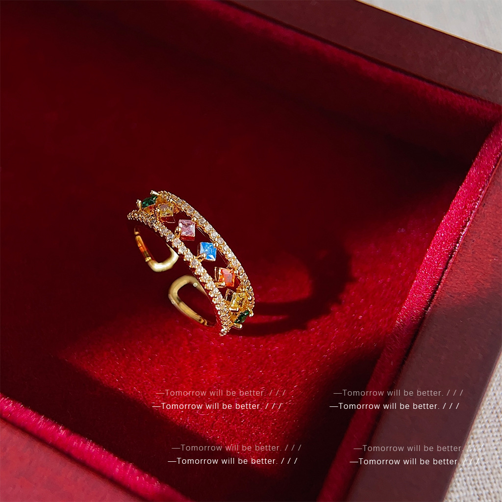 Light luxury colorful zircon ring female ins style niche design Net red ring fashion stacked high-grade index finger ring
