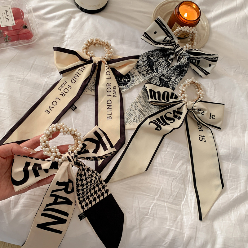 2021 ins Style Internet Celebrity New Style Pearl Head Rope Ribbon Silk Scarf Hair Rope Hair Rope Hair Rings Rubber Band Women's Hair Tie