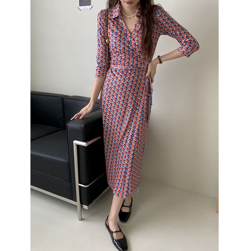 Summer New Elegant Fresh Orange Iris Flower Lapel Mid-length Split Hip Tight Waist Strap Dress