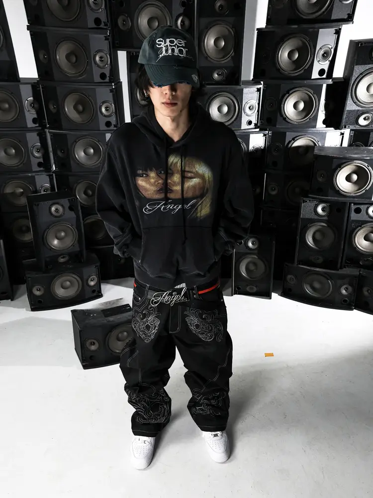[Pccvision] 3Man0N Baroque Line Embroidery Black Loose Straight-Leg Pants with Stiff Texture