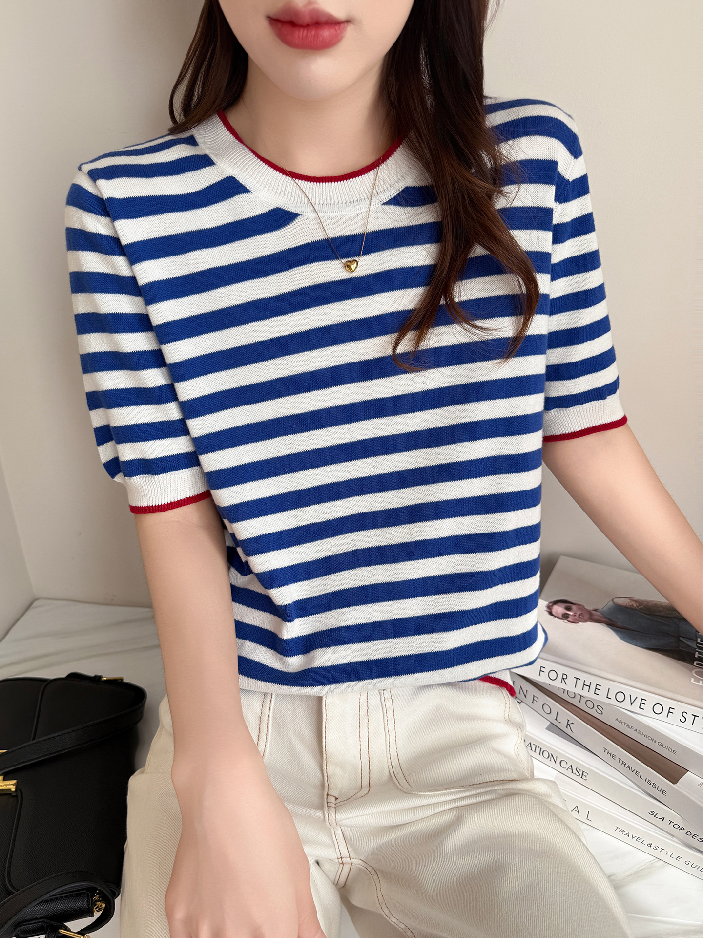 Pure Cotton Striped Knit T-Shirt for Women, Short-Sleeved, Fashionable and Versatile, Loose Fit, Slimming, College Style, Thin Pullover Top for Spring and Summer