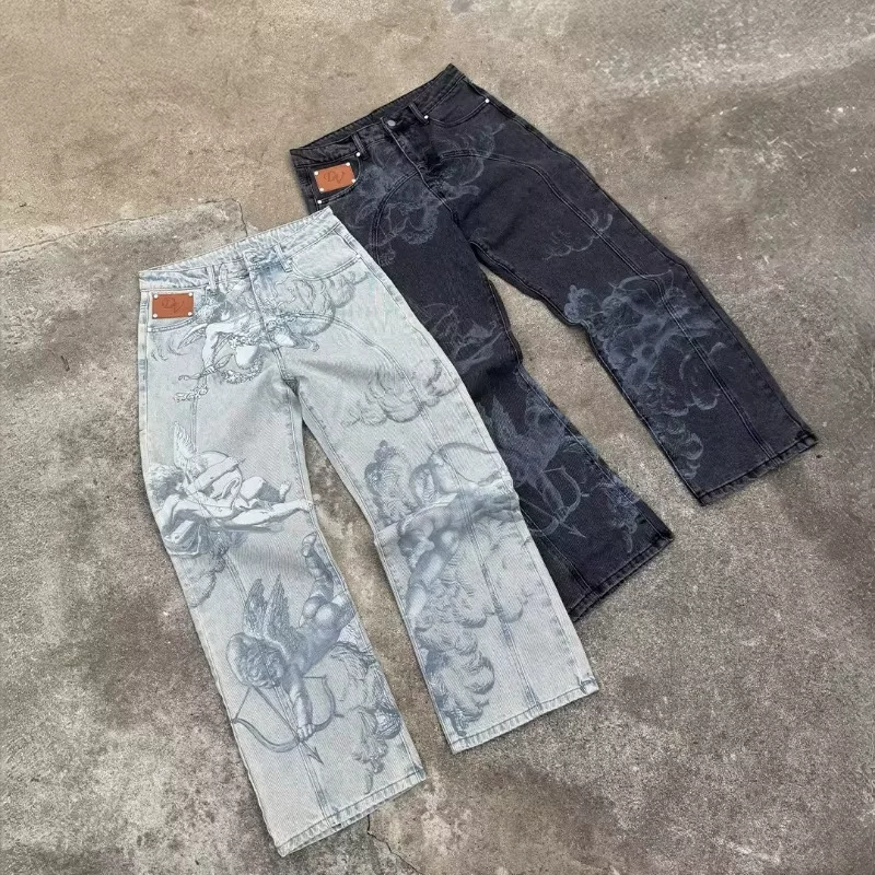 Cross border European and American retro angel printed jeans for both men and women, high street niche design sense, straight leg mop pants trend