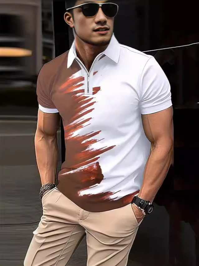 2024 new foreign trade summer 3D printed short-sleeved polo shirt casual loose T-shirt zipper shirt for men