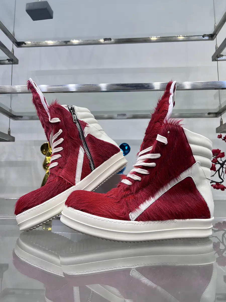Round Owens Ro Inverted Triangle Red Horse Fur High-Top Shoes Men's Thick Bottom Height-Increasing Leather Sports Board Shoes Women's Fashion