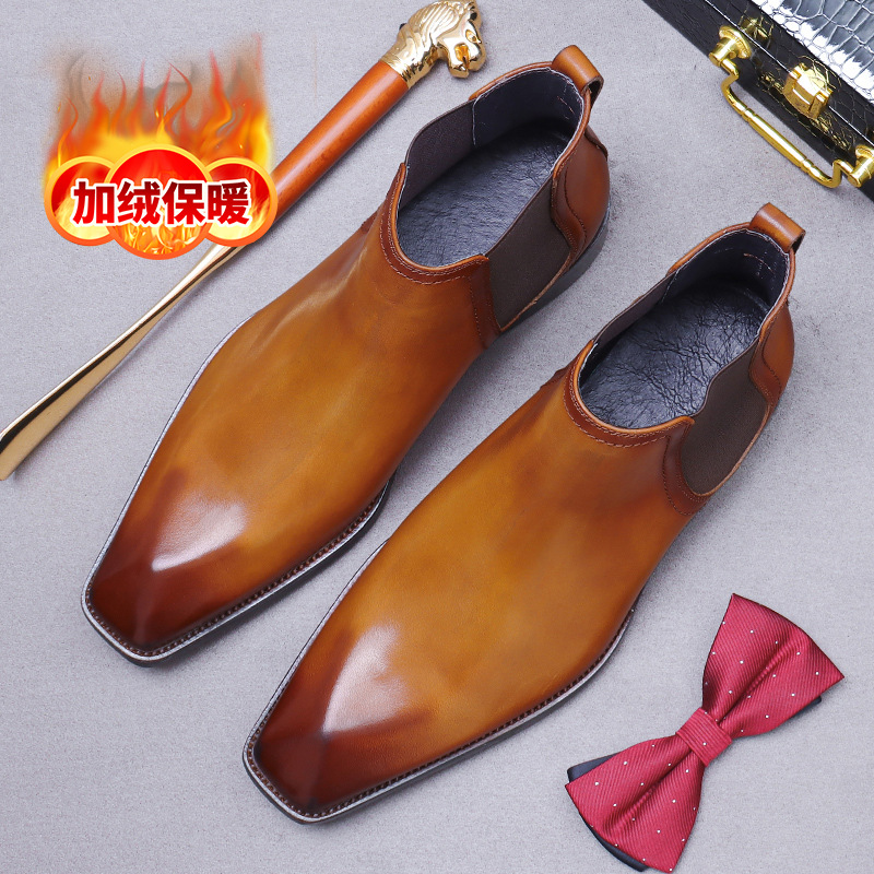 Winter warm Business Chelsea boots drill fleece-lined cowhide leather men's trendy short boots casual British slip-on