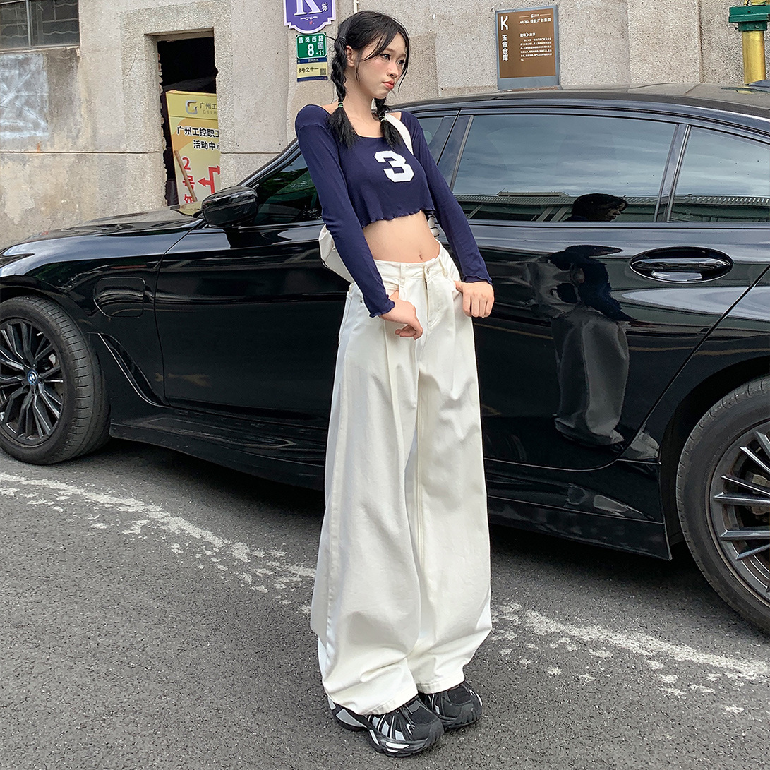 Autumn High Waist Loose All-match Dumped Dumped Jeans Women's American-style Design Simple Casual Slimming Wide-leg Pants