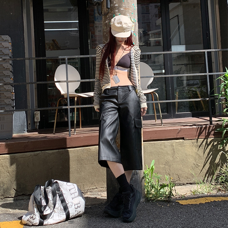 American-style Casual Capri Leather Pants Women's Autumn and Winter 2024 New High Waist Loose Workwear Leather Pants Dipped All-match Mid-length Pants