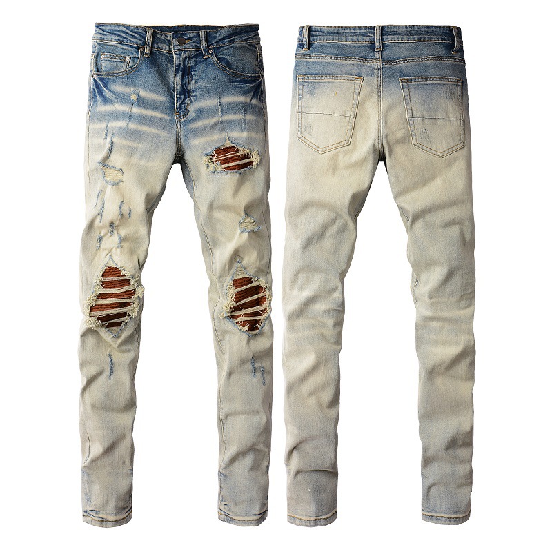 European and American Street Fashion Ripped Retro Men's Jeans Trendy Brand High Street Slim Fit Small Feet Men's Jeans Cross-Border 887