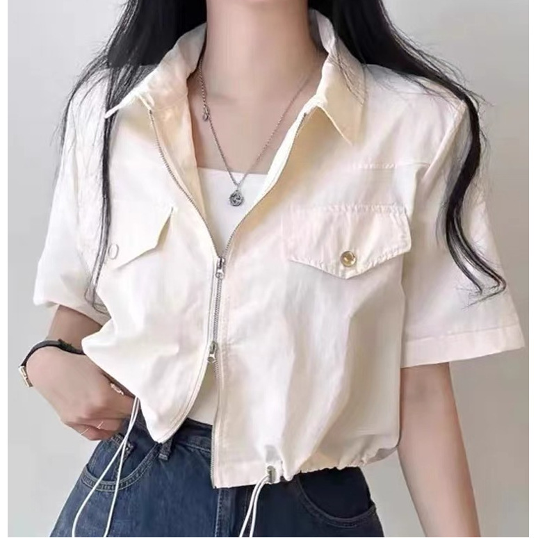 Short-sleeved Shirt Coat Women's Thin Zipper Design Sense Korean Style Retro Laps Slim-fit Waist Top Summer Ins Trendy