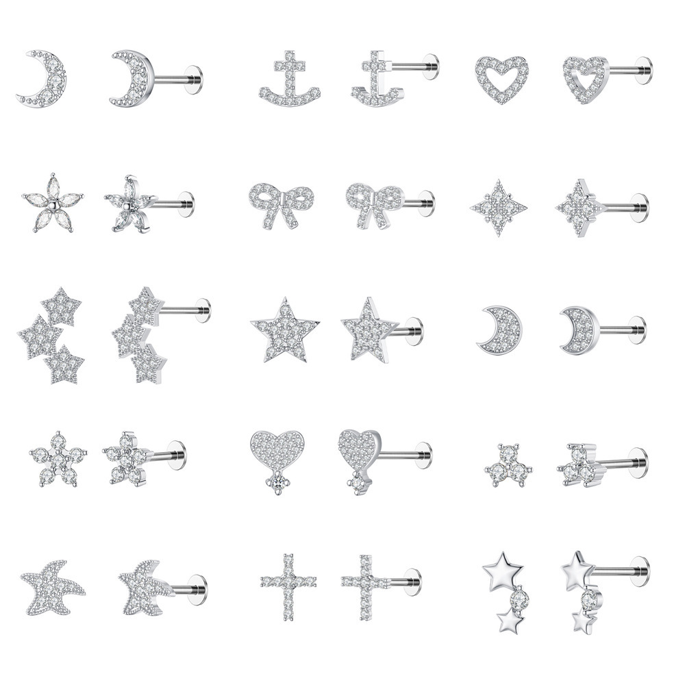 16g Lip Nail Flat Head Ear Bone Nail Earrings New Micro-Paved Zircon Star Earrings Ready for Sale