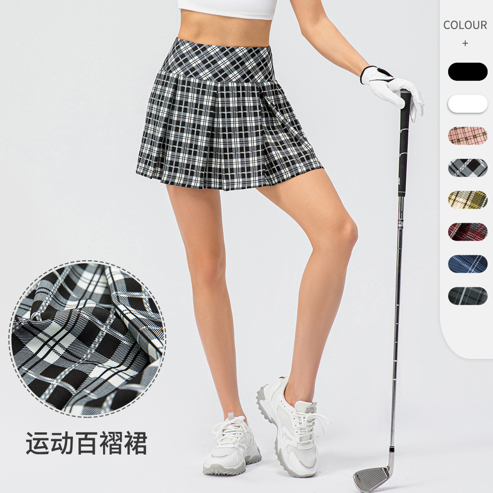 Spring and Summer Women's Plaid Sports Skirt Pleated Skirt Indoor Running Dance Anti-Exposure Skirt Pants Yoga Tennis Skirt 2242