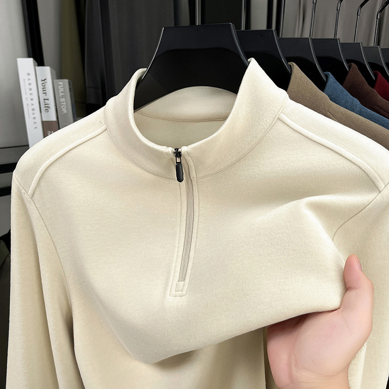 New Style Half-Open Collar Zippered Base Layer with Mulberry Silk for Men, Slim Fit, Warm Stand-Up Collar Sweatshirt T-Shirt for Autumn and Winter