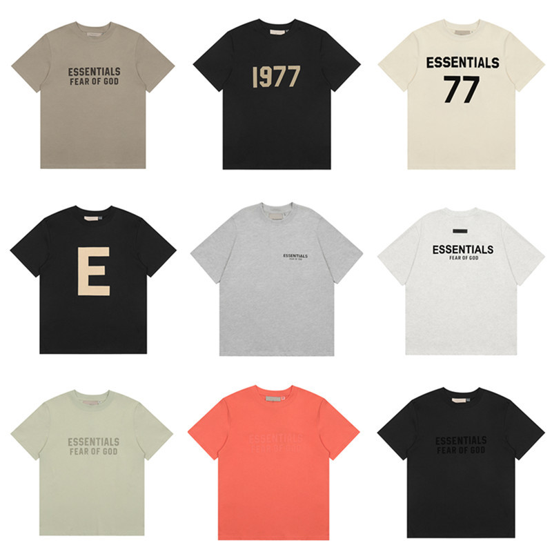 Cross-Border Fog Multi-Line Essentials Flocked Printed Letters Short-Sleeved American Retro Summer Couple T-Shirt for Men