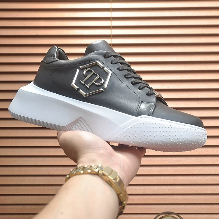 2024 Summer New Trendy PP Men's Shoes Thick soled Height Increasing Casual Shoes British Versatile Lace up Leather Breathable Board Shoes