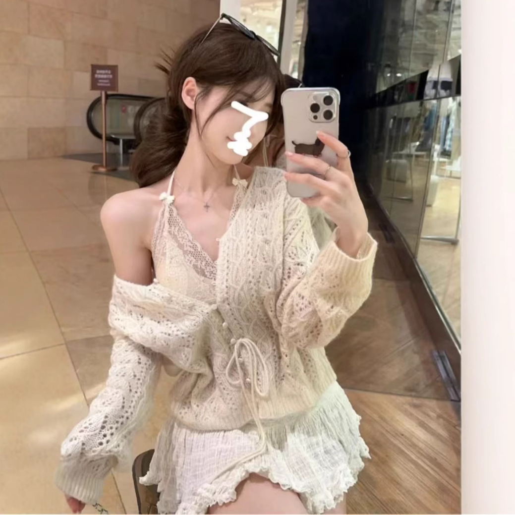 2025 Pure Desire Sweet and Spicy Spring/Summer Design Layered Hollow Out Top Trendy Milky White Cardigan Women's Clothing