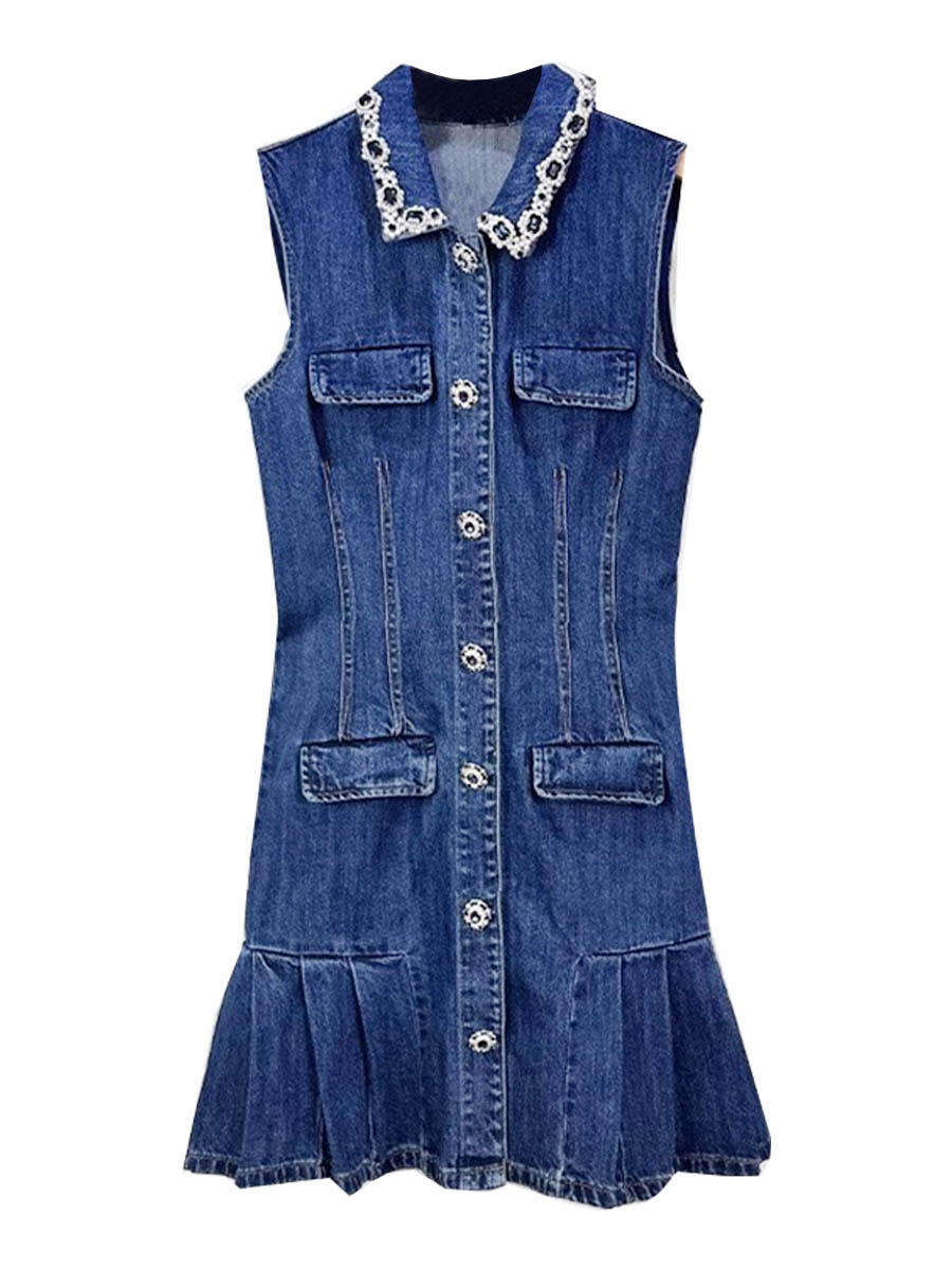 Sp2025 New Summer Style Handmade Rhinestone Denim Skirt Lapel Sleeveless Waist Short Lady Dress