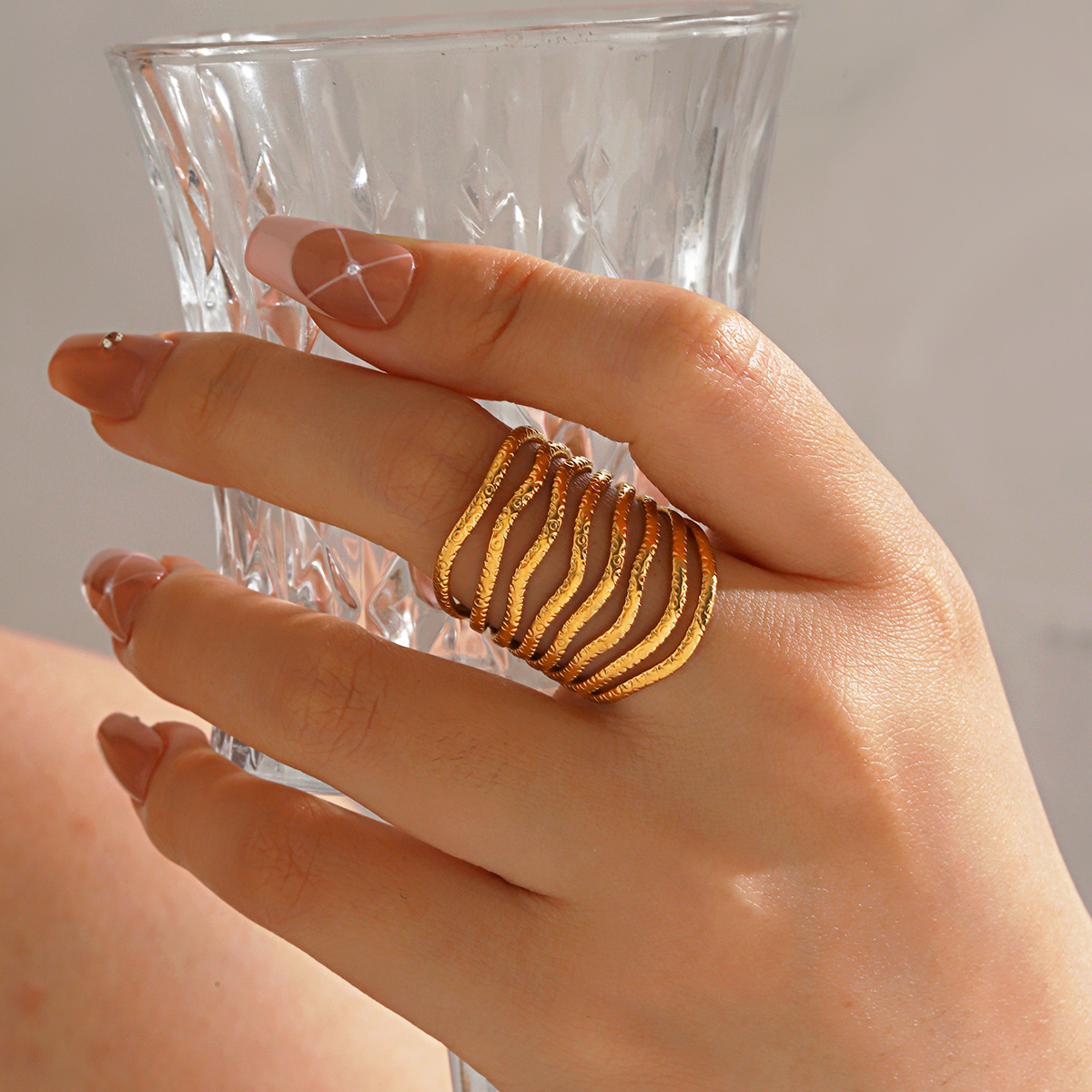 Retro popular multi-layer line open ring personality hip-hop stainless steel 18K gold-plated hammer ring women wholesale