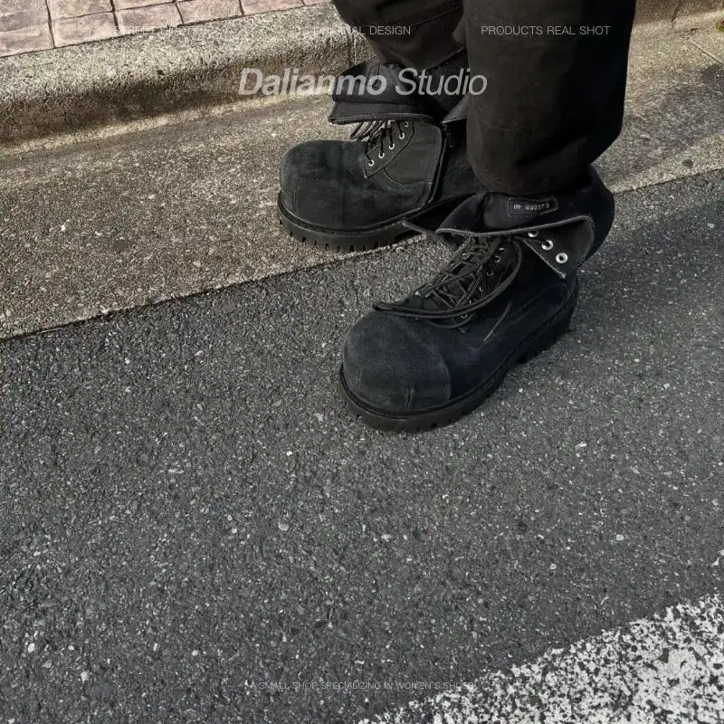 Dark Big Head Denim Boots Men and Women Same Style Back Sole Thick Heel Short Boots Super Cool Short Boots parka Boots